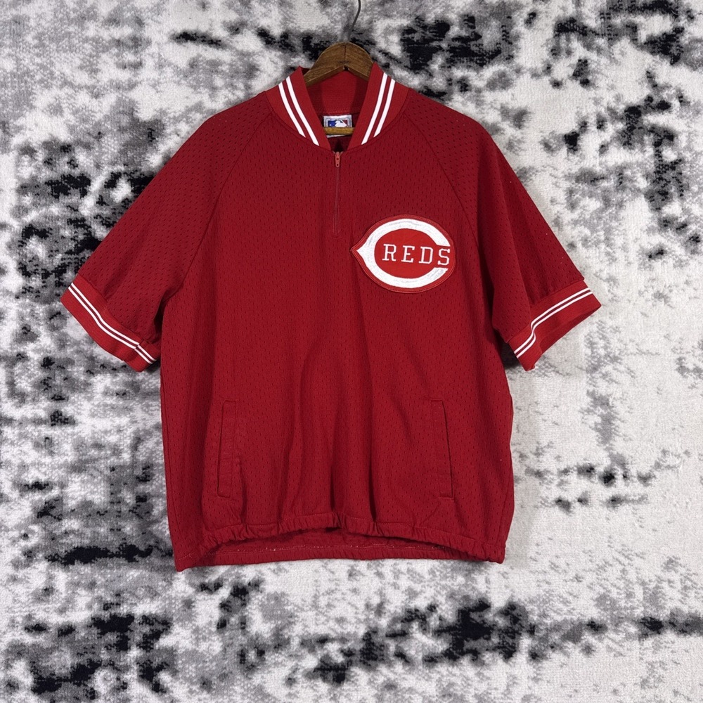 VTG Cincinnati Reds 1/4 Zip Jersey Mesh Pullover Mens 42 Made In USA Baseball